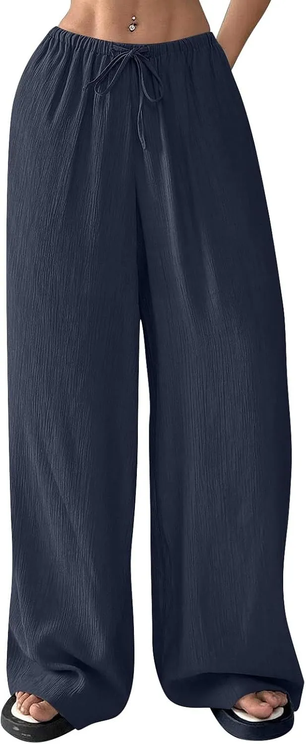 Oversized Wide Leg Pants Woman Baggy Elastic High Waisted Linen Trousers Pants Summer Boho Flowy Pants with Pockets