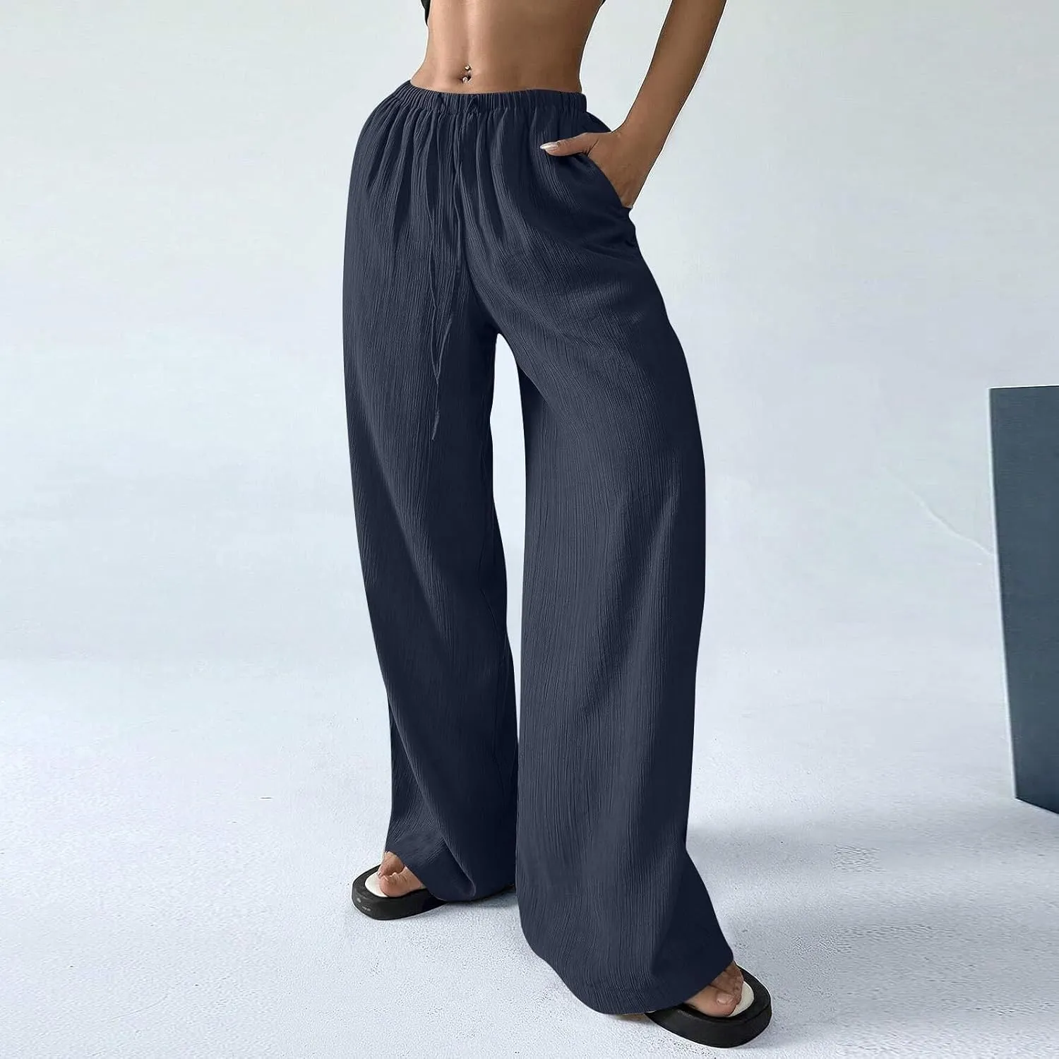 Oversized Wide Leg Pants Woman Baggy Elastic High Waisted Linen Trousers Pants Summer Boho Flowy Pants with Pockets