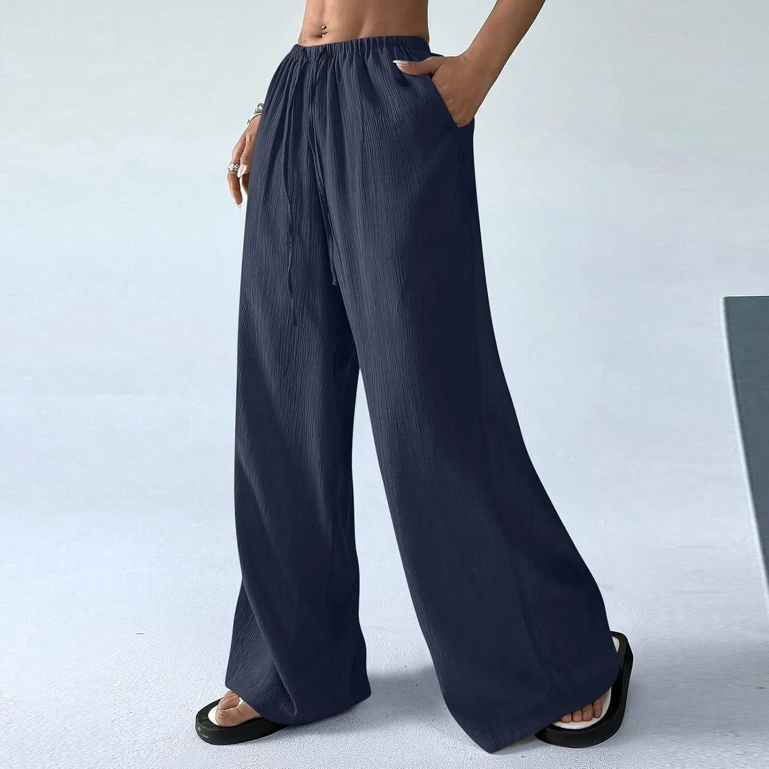 Oversized Wide Leg Pants Woman Baggy Elastic High Waisted Linen Trousers Pants Summer Boho Flowy Pants with Pockets