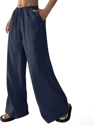 Oversized Wide Leg Pants Woman Baggy Elastic High Waisted Linen Trousers Pants Summer Boho Flowy Pants with Pockets