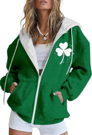 Oversized Zip Up Hoodie for Women Spring Long Sleeve Sweatshirts 2025 Trendy St Patricks Day Shirts with Pockets