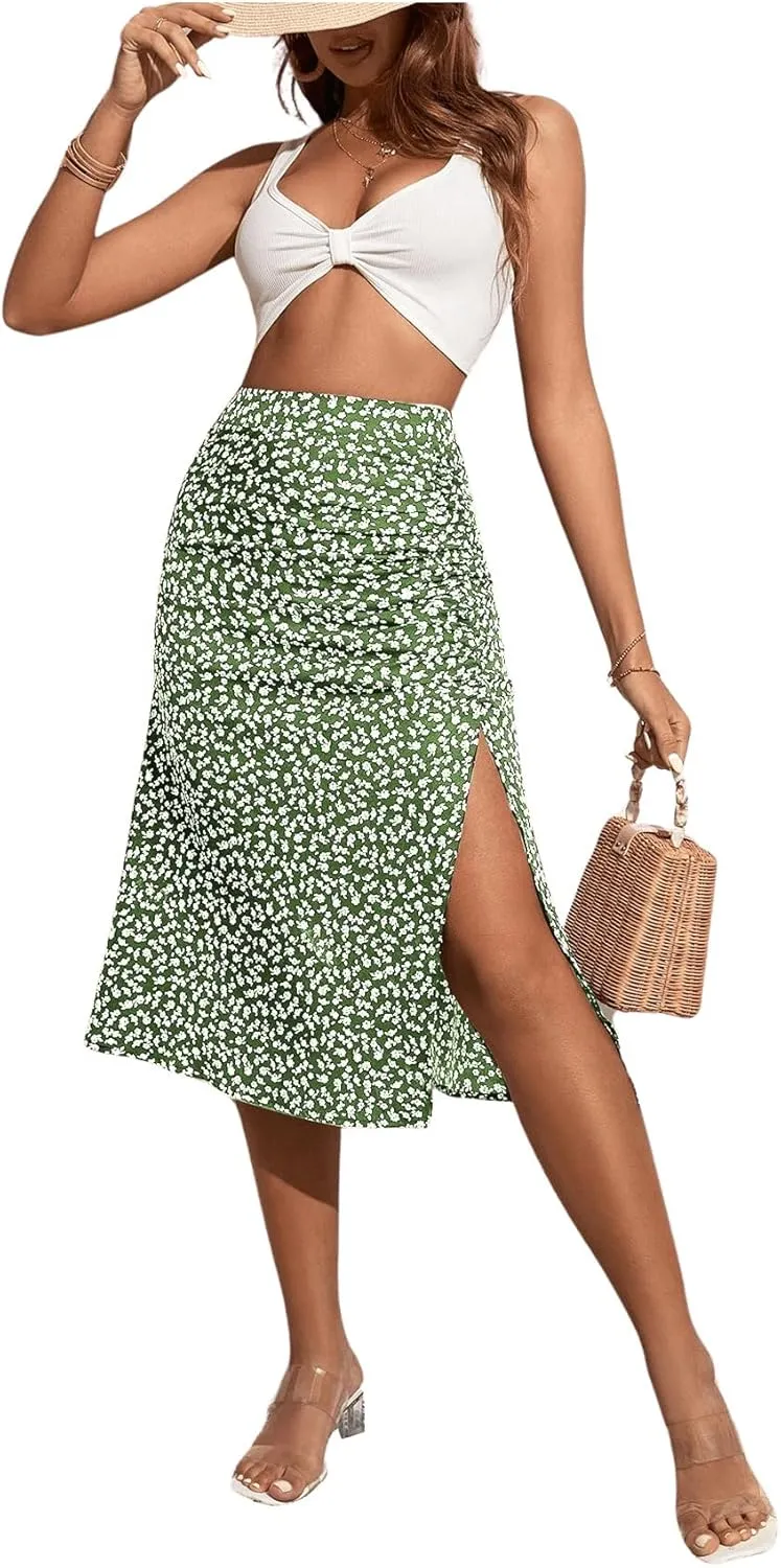 OYOANGLE Women's Boho Floral Print High Waisted A Line Split Thigh Summer Midi Skirt