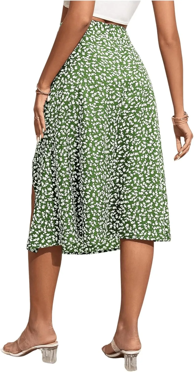 OYOANGLE Women's Boho Floral Print High Waisted A Line Split Thigh Summer Midi Skirt