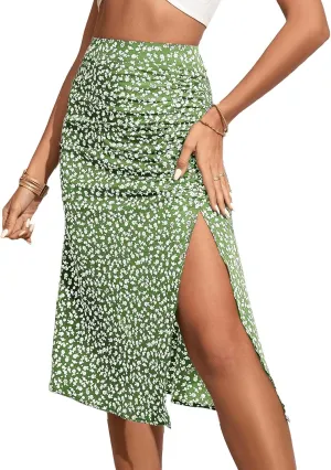 OYOANGLE Women's Boho Floral Print High Waisted A Line Split Thigh Summer Midi Skirt