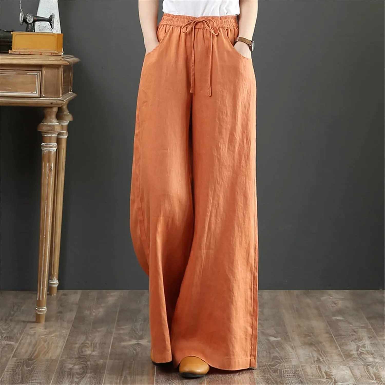 Palazzo Pants for Women Casual Plus Size Linen Pants Summer Comfy Wide Leg Drawstring Elastic Waist Lounge Pants
