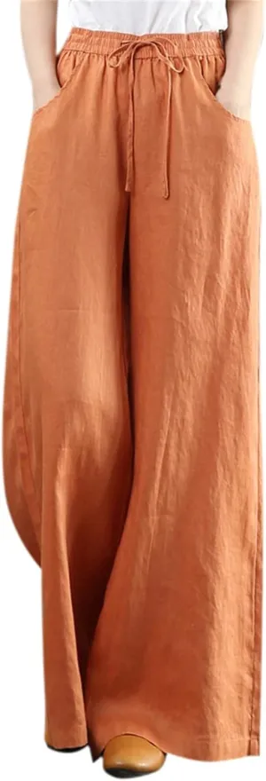 Palazzo Pants for Women Casual Plus Size Linen Pants Summer Comfy Wide Leg Drawstring Elastic Waist Lounge Pants