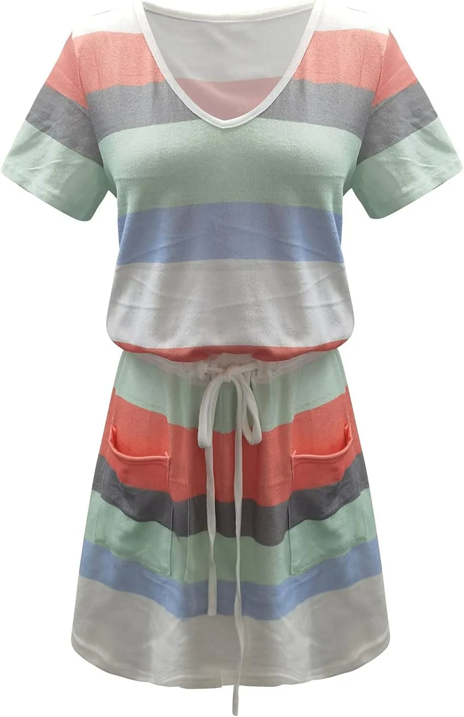 Petite Dresses for Women 2025 Summer Drawstring Waist Stripes Dress Casual Short Sleeve V Neck Mini Dress with Pocket