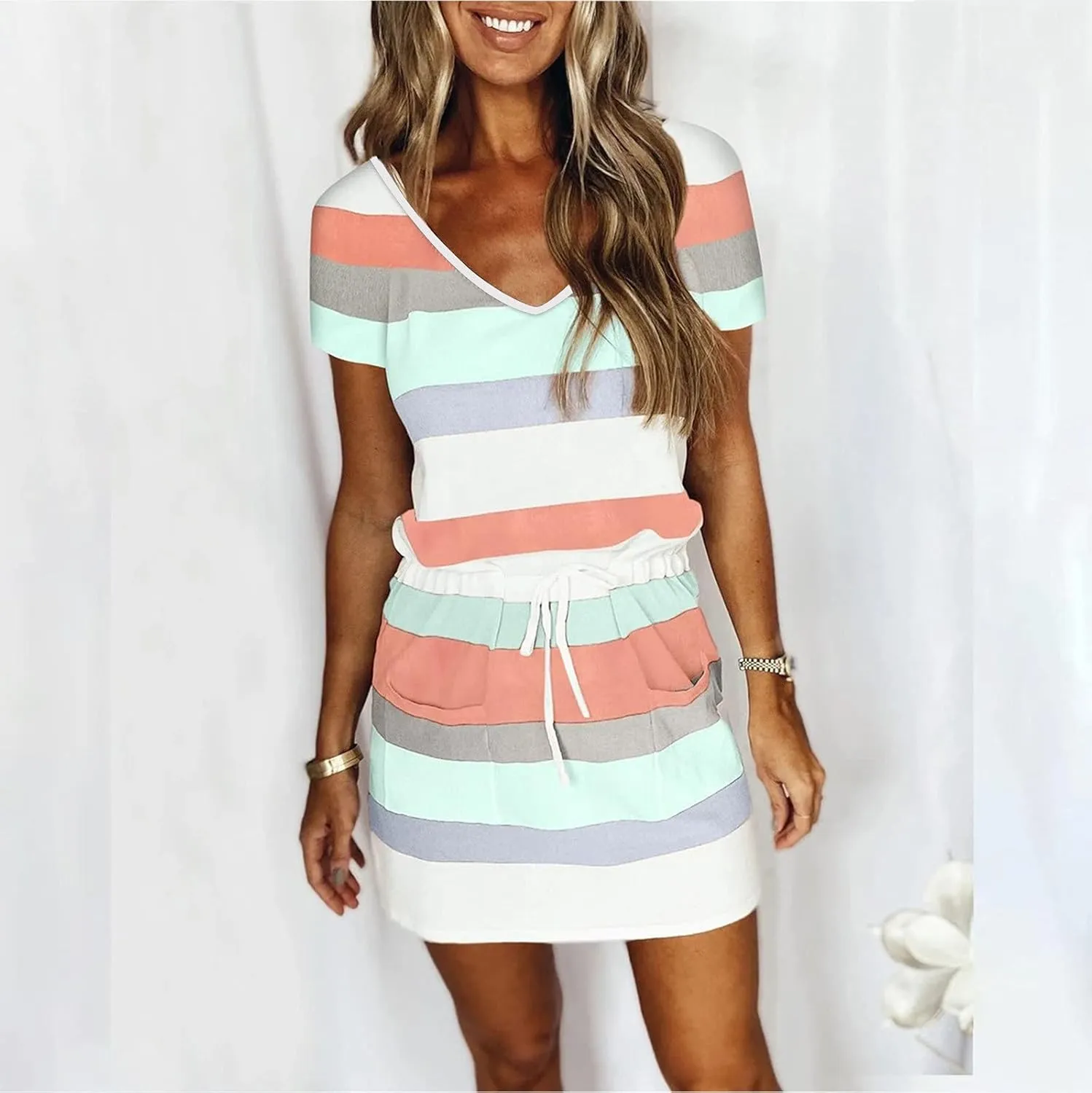 Petite Dresses for Women 2025 Summer Drawstring Waist Stripes Dress Casual Short Sleeve V Neck Mini Dress with Pocket