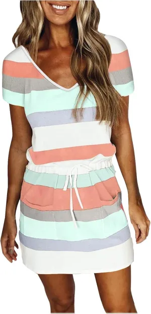 Petite Dresses for Women 2025 Summer Drawstring Waist Stripes Dress Casual Short Sleeve V Neck Mini Dress with Pocket