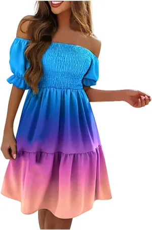 PETYCZEN Off The Shoulder Dresses for Women Cute Summer Short Sleeve Mini Floral Dress Sexy Casual Babydoll Beach Party Dress