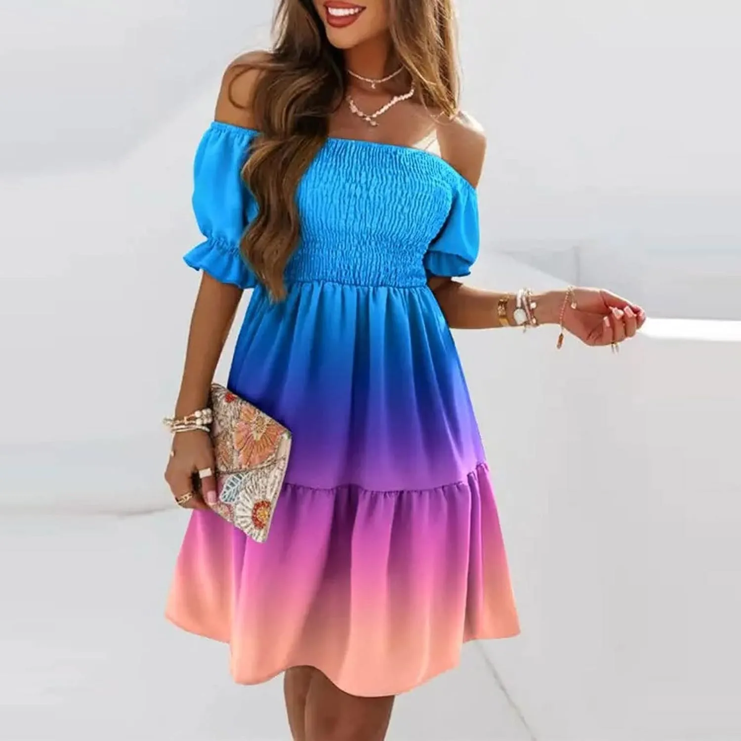 PETYCZEN Off The Shoulder Dresses for Women Cute Summer Short Sleeve Mini Floral Dress Sexy Casual Babydoll Beach Party Dress