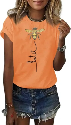 Pfvkeree Womens Cute Bee Graphic Tee Shirts Short Sleeve Let It Bee Funny Letter Print Summer T-Shirt Tops