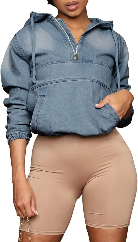 PINSV Women's Half Zip Sweatshirt Denim Hoodie Pullover Jacket Jean Tops