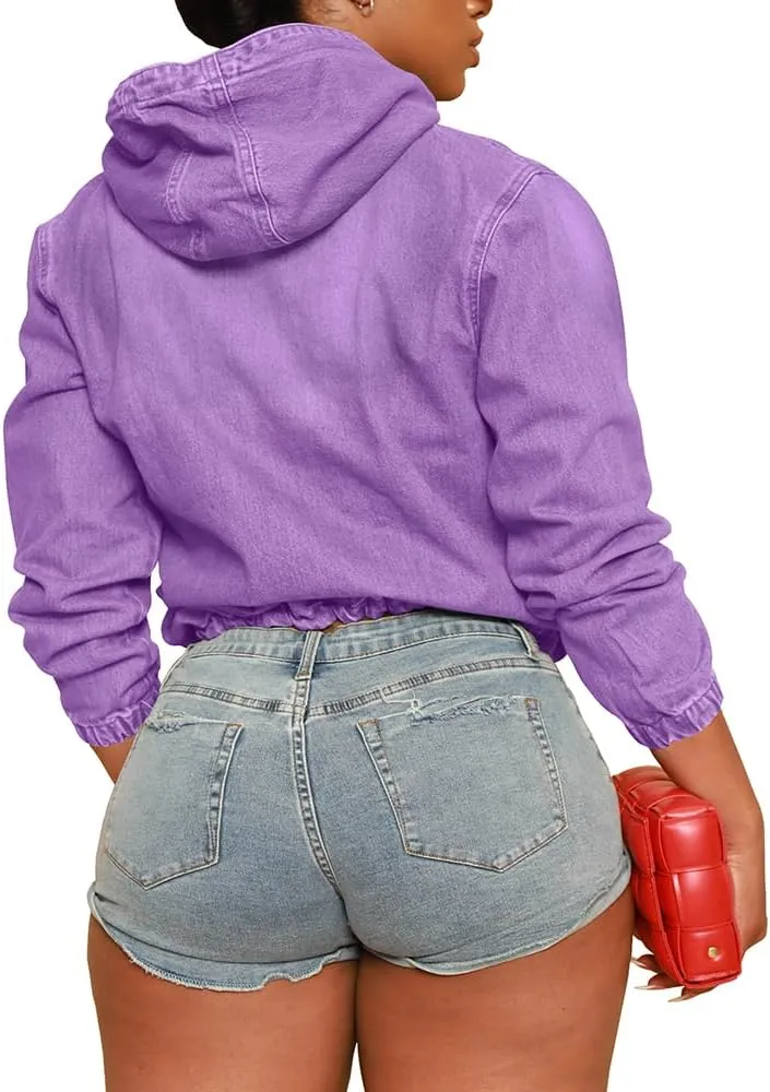 PINSV Women's Half Zip Sweatshirt Denim Hoodie Pullover Jacket Jean Tops