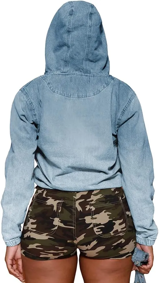 PINSV Women's Half Zip Sweatshirt Denim Hoodie Pullover Jacket Jean Tops