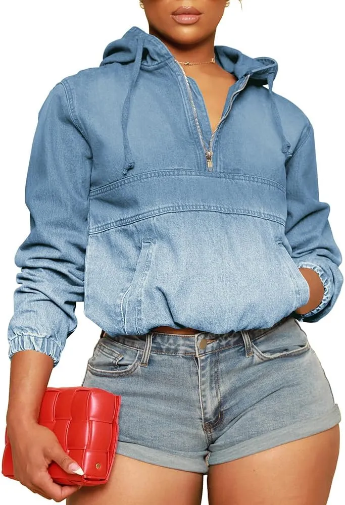 PINSV Women's Half Zip Sweatshirt Denim Hoodie Pullover Jacket Jean Tops