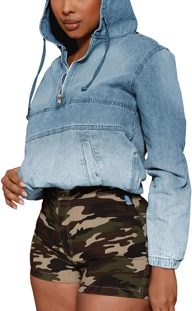 PINSV Women's Half Zip Sweatshirt Denim Hoodie Pullover Jacket Jean Tops