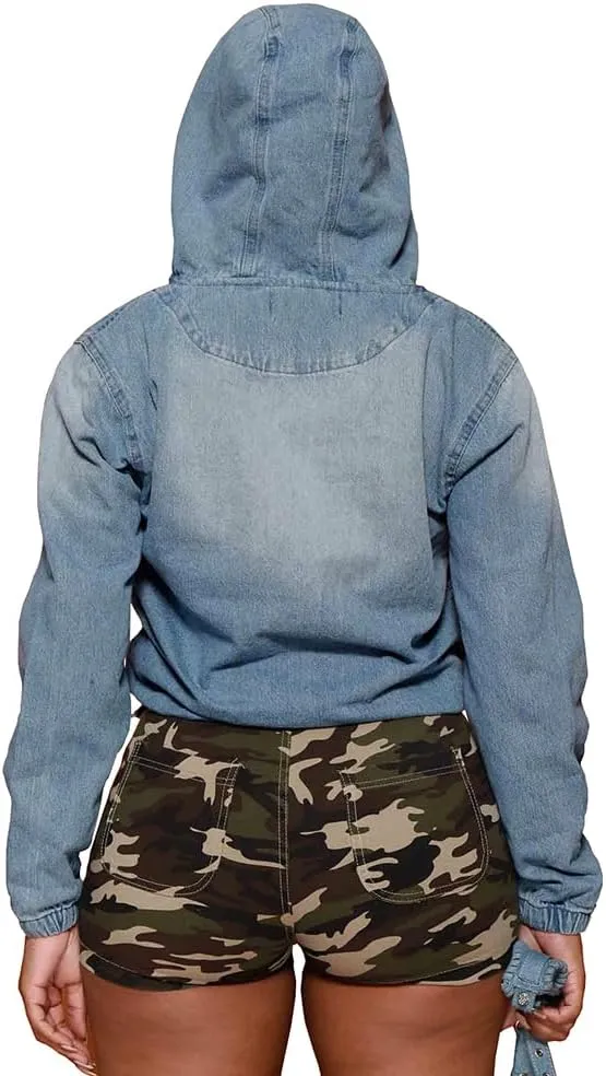 PINSV Women's Half Zip Sweatshirt Denim Hoodie Pullover Jacket Jean Tops