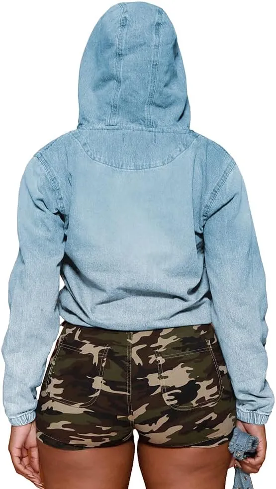 PINSV Women's Half Zip Sweatshirt Denim Hoodie Pullover Jacket Jean Tops