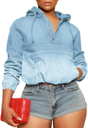 PINSV Women's Half Zip Sweatshirt Denim Hoodie Pullover Jacket Jean Tops