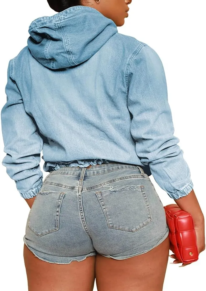PINSV Women's Half Zip Sweatshirt Denim Hoodie Pullover Jacket Jean Tops