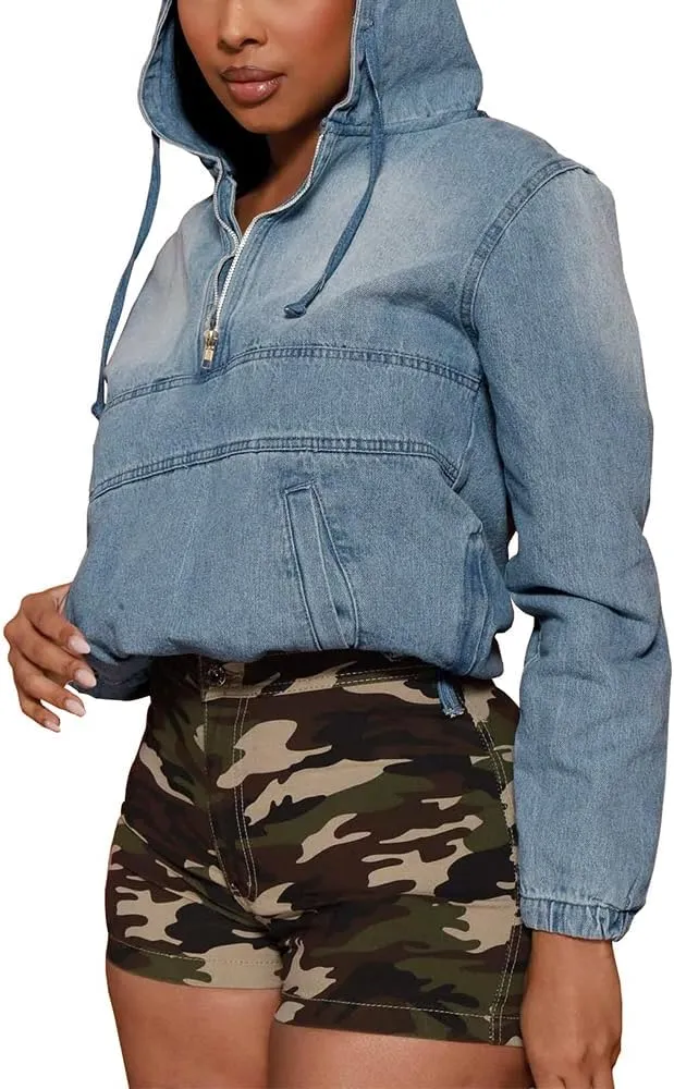 PINSV Women's Half Zip Sweatshirt Denim Hoodie Pullover Jacket Jean Tops