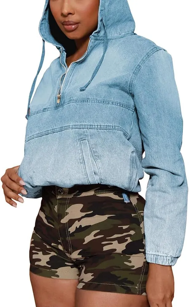 PINSV Women's Half Zip Sweatshirt Denim Hoodie Pullover Jacket Jean Tops