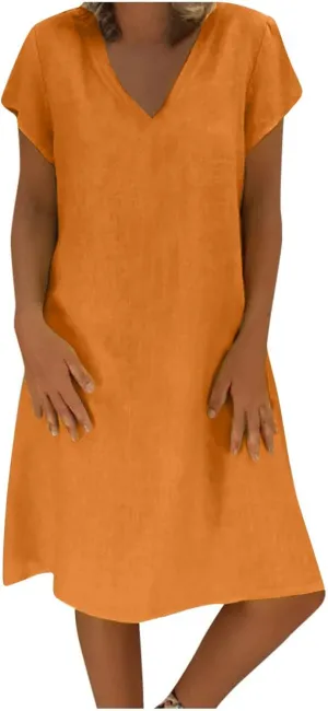 Plus Size Cotton Linen Dresses for Women 2024 Trendy, Summer Casual V-Neck Solid Short Sleeve Loose Beach Midi Dress Women Dresses Denim Women Dresses Long