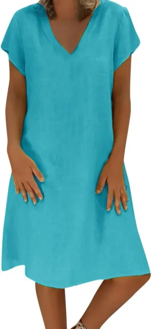 Plus Size Cotton Linen Dresses for Women 2024 Trendy, Summer Casual V-Neck Solid Short Sleeve Loose Beach Midi Dress Women Dresses Flowy Women Dresses Short Blue