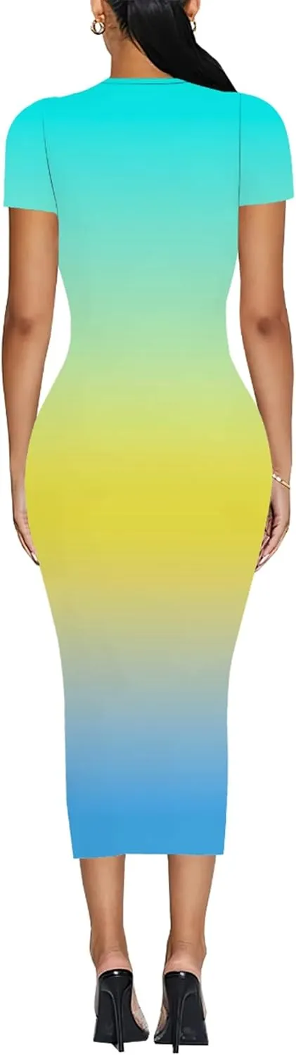 Plus Size Dress for Women Summer Casual Short Sleeve Midi Club Party Fitted Tight Dresses Basic Pencil Midi Bodycon Dress