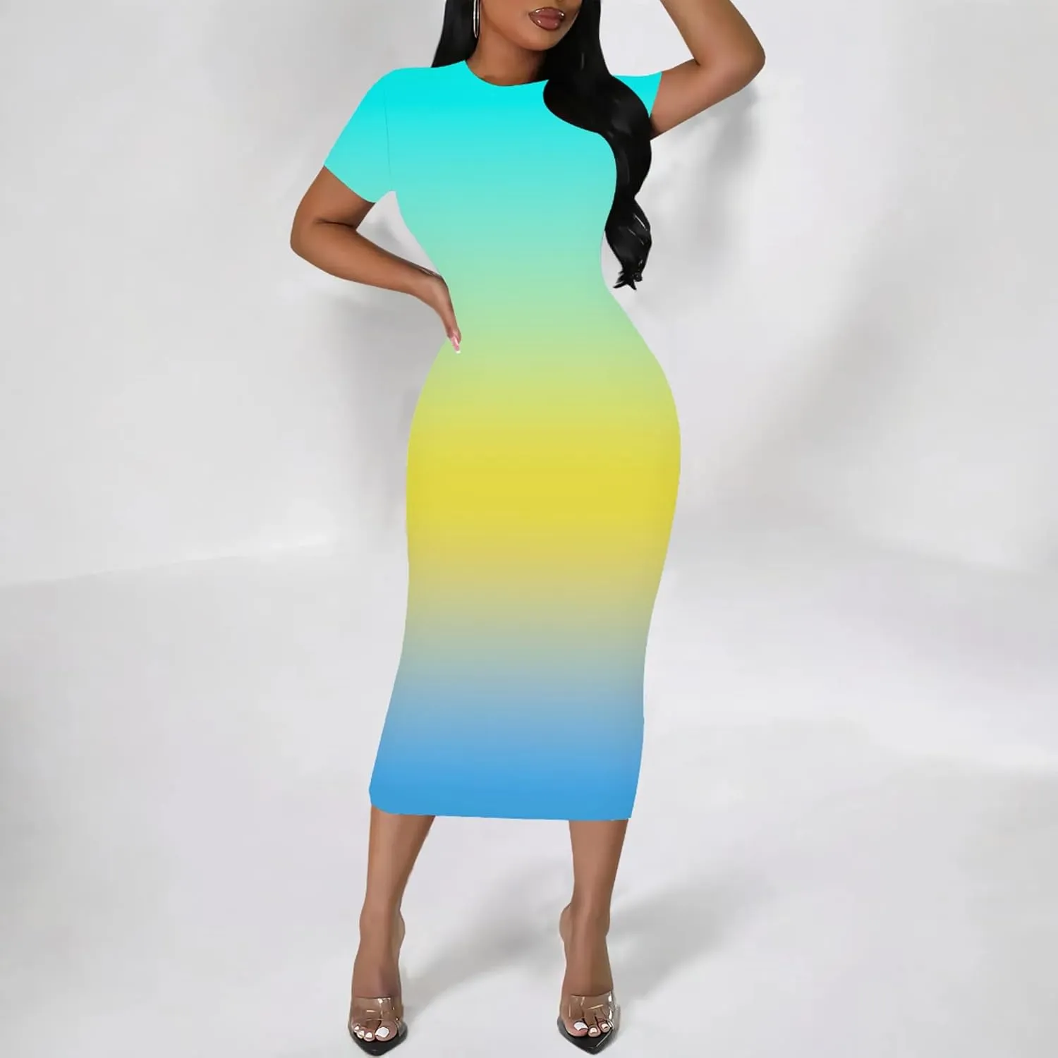 Plus Size Dress for Women Summer Casual Short Sleeve Midi Club Party Fitted Tight Dresses Basic Pencil Midi Bodycon Dress