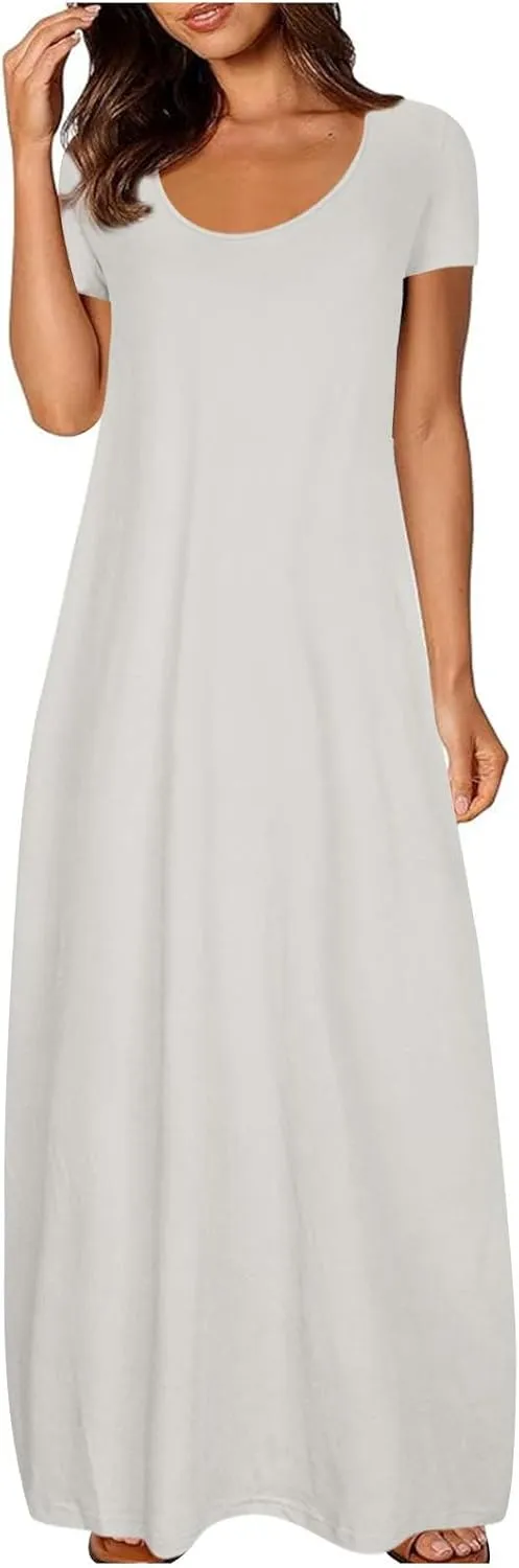 Plus Size Dresses for Curvy Women Loose Fit Round Neck Summer Beach Dresses Casual Flowy Maxi Tshirt Sundresses