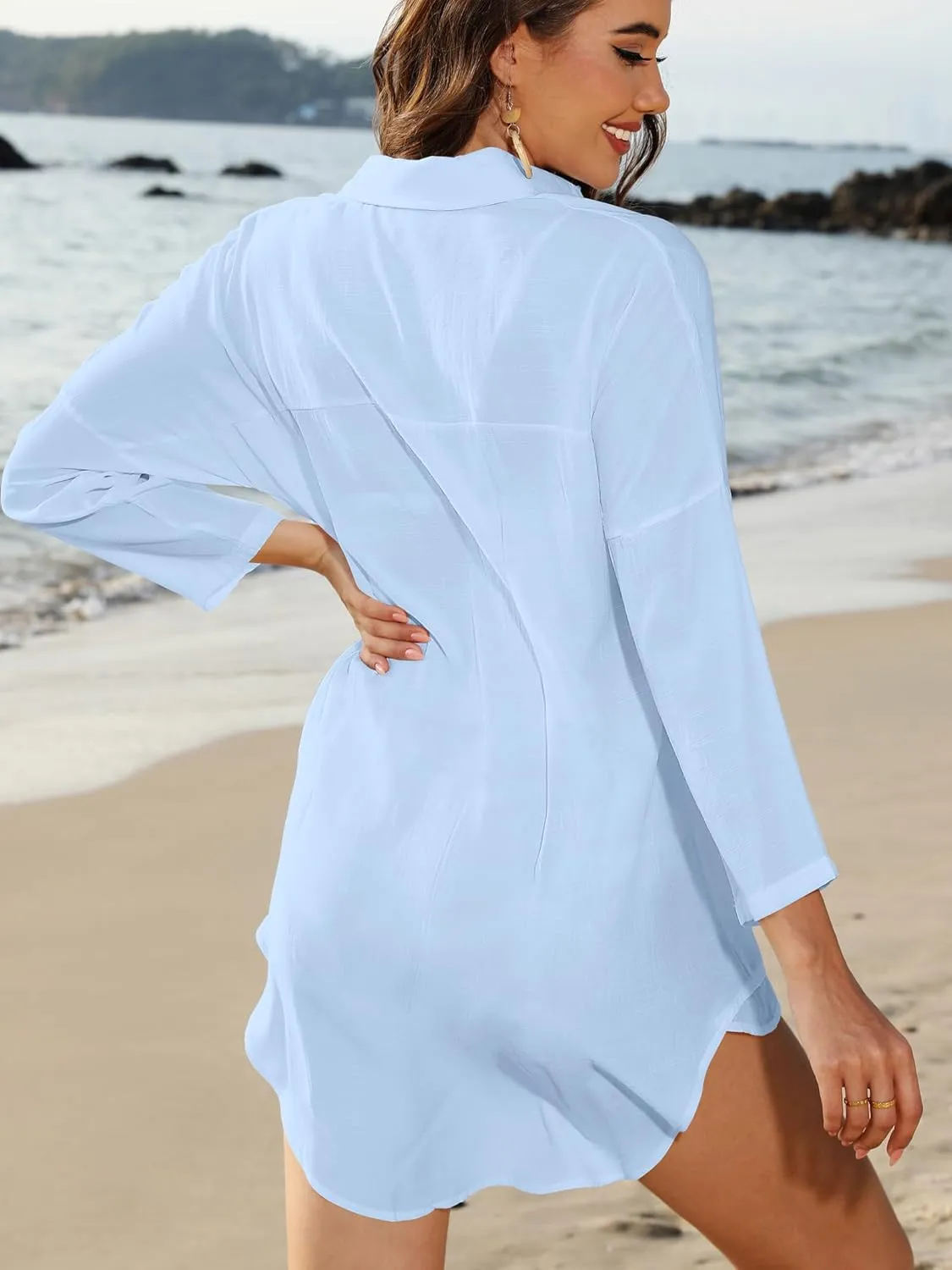 POGTMM Women's Swimsuit Cover Up Summer Beachwear Button Down Shirt Bikini Bathing Suit Beach Coverup Mini Dresses