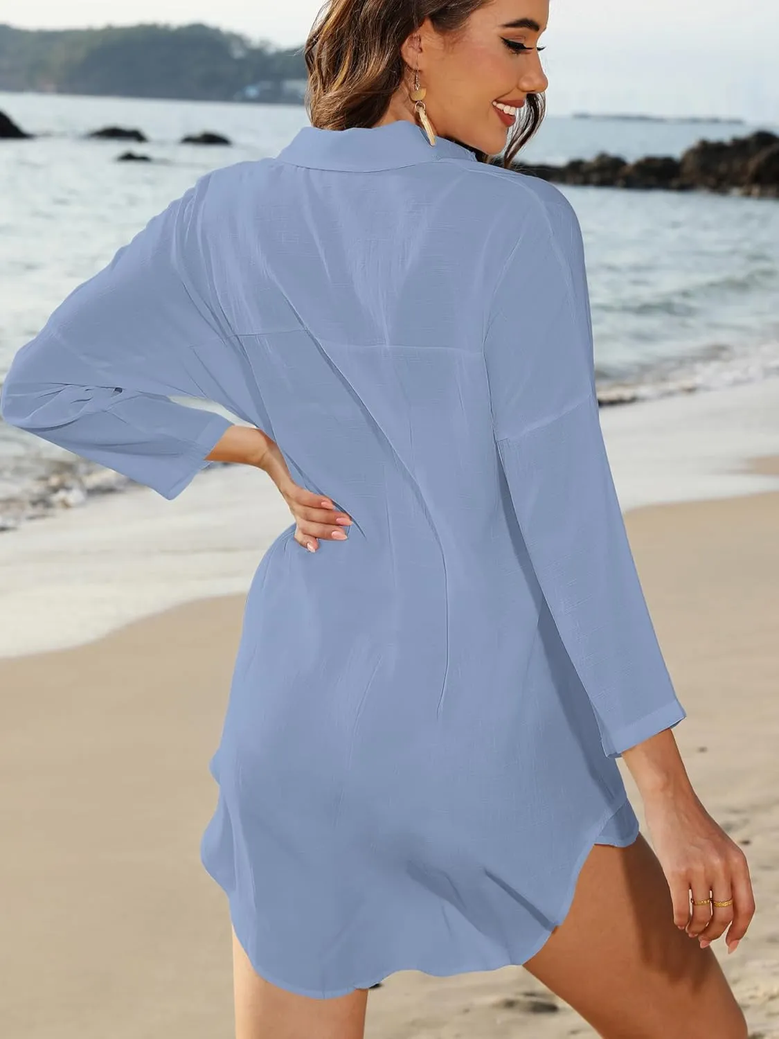 POGTMM Women's Swimsuit Cover Up Summer Beachwear Button Down Shirt Bikini Bathing Suit Beach Coverup Mini Dresses