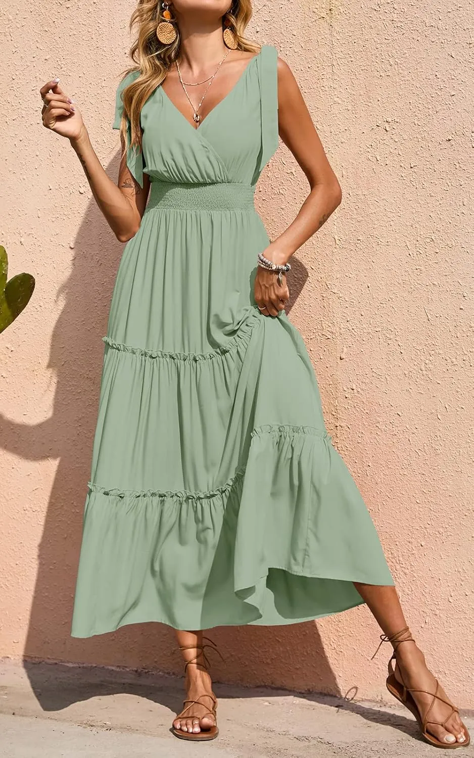 PRETTYGARDEN Women's Cross Neck Summer Sleeveless Tiered Maxi Dress Beach Tie Strap Smocked Long Dresses Pleated Sundress