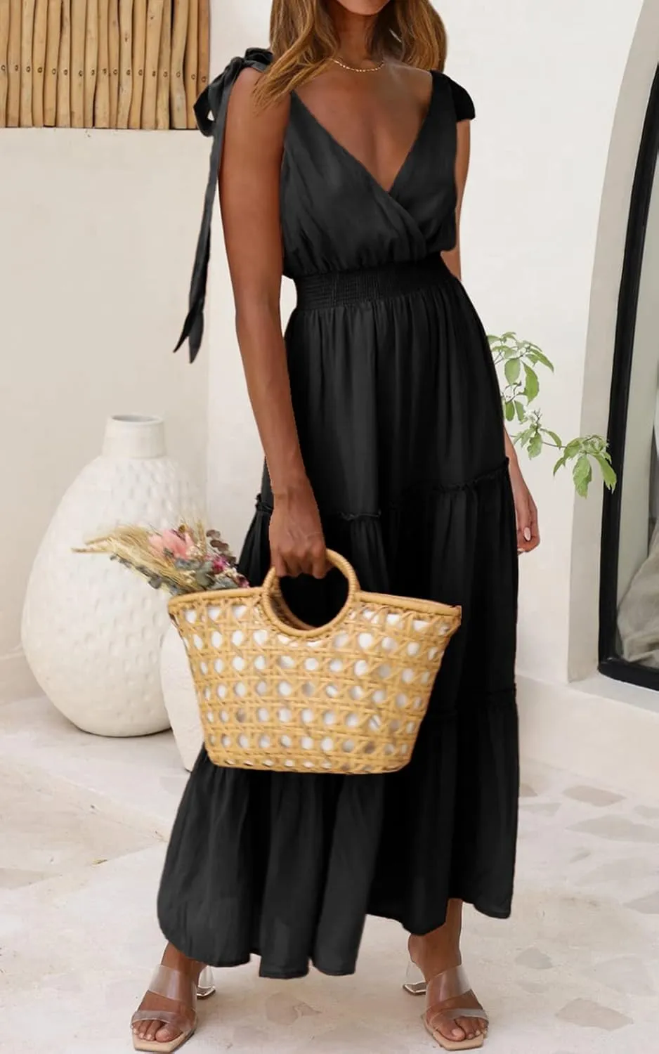 PRETTYGARDEN Women's Cross Neck Summer Sleeveless Tiered Maxi Dress Beach Tie Strap Smocked Long Dresses Pleated Sundress
