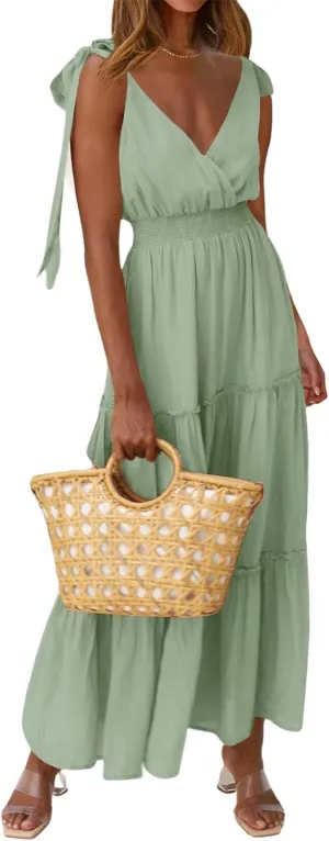 PRETTYGARDEN Women's Cross Neck Summer Sleeveless Tiered Maxi Dress Beach Tie Strap Smocked Long Dresses Pleated Sundress