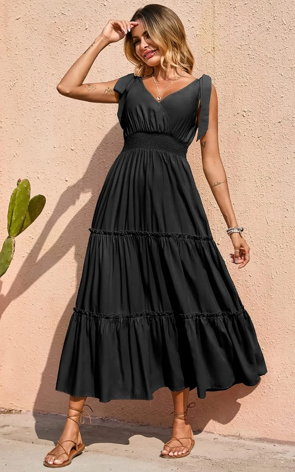PRETTYGARDEN Women's Cross Neck Summer Sleeveless Tiered Maxi Dress Beach Tie Strap Smocked Long Dresses Pleated Sundress