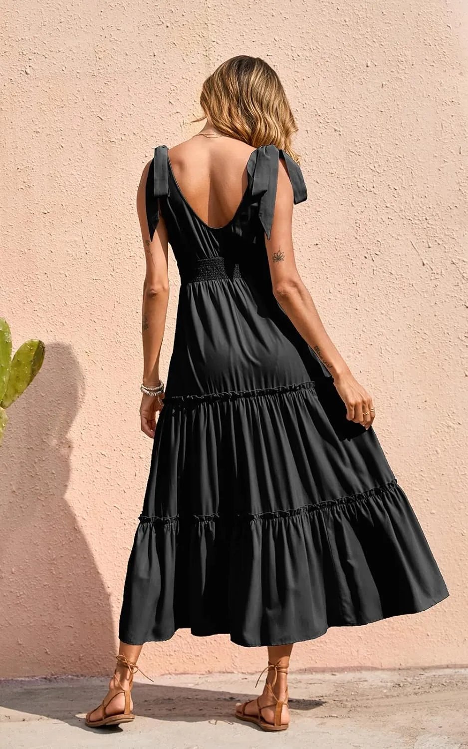 PRETTYGARDEN Women's Cross Neck Summer Sleeveless Tiered Maxi Dress Beach Tie Strap Smocked Long Dresses Pleated Sundress