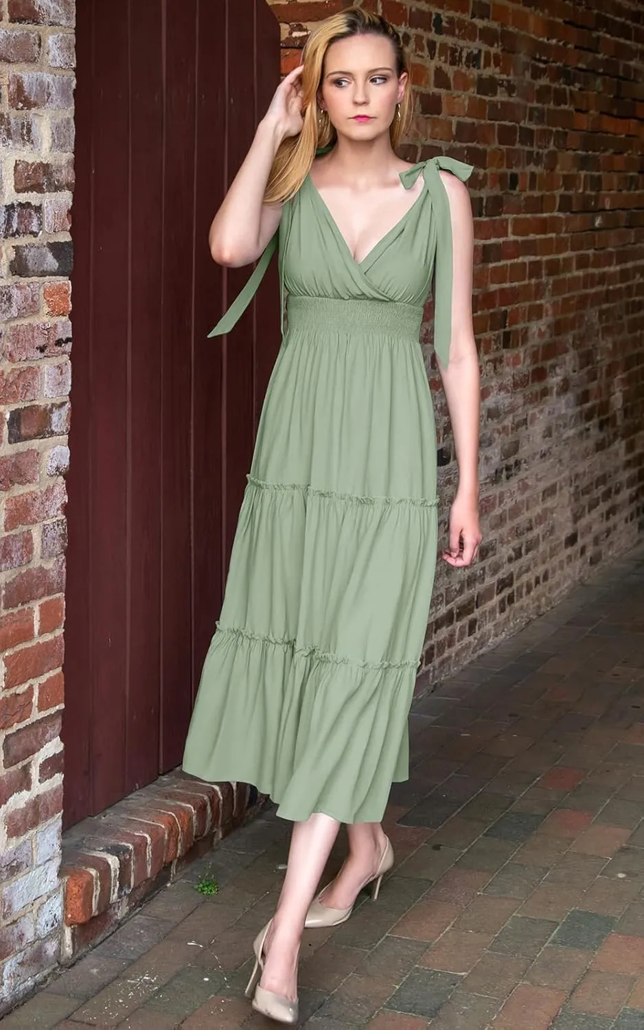 PRETTYGARDEN Women's Cross Neck Summer Sleeveless Tiered Maxi Dress Beach Tie Strap Smocked Long Dresses Pleated Sundress