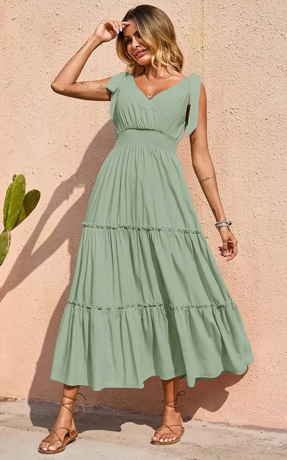 PRETTYGARDEN Women's Cross Neck Summer Sleeveless Tiered Maxi Dress Beach Tie Strap Smocked Long Dresses Pleated Sundress