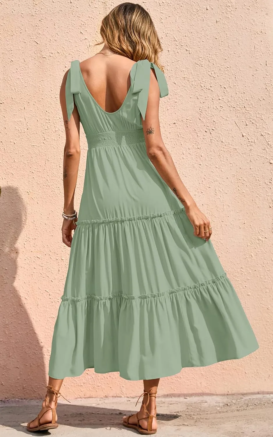 PRETTYGARDEN Women's Cross Neck Summer Sleeveless Tiered Maxi Dress Beach Tie Strap Smocked Long Dresses Pleated Sundress