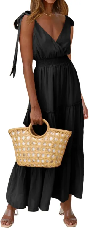 PRETTYGARDEN Women's Cross Neck Summer Sleeveless Tiered Maxi Dress Beach Tie Strap Smocked Long Dresses Pleated Sundress