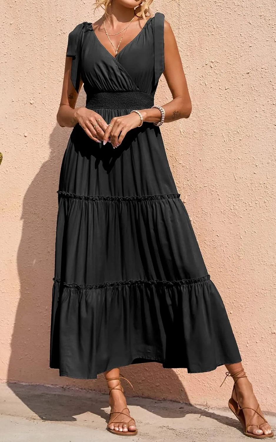 PRETTYGARDEN Women's Cross Neck Summer Sleeveless Tiered Maxi Dress Beach Tie Strap Smocked Long Dresses Pleated Sundress