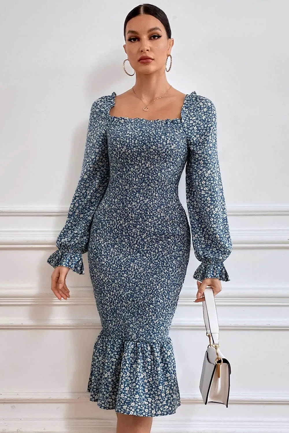 PRETTYGARDEN Women's Long Puff Sleeve Floral Midi Bodycon Dresses Square Neck Ruffle Mermaid Smocked Dress