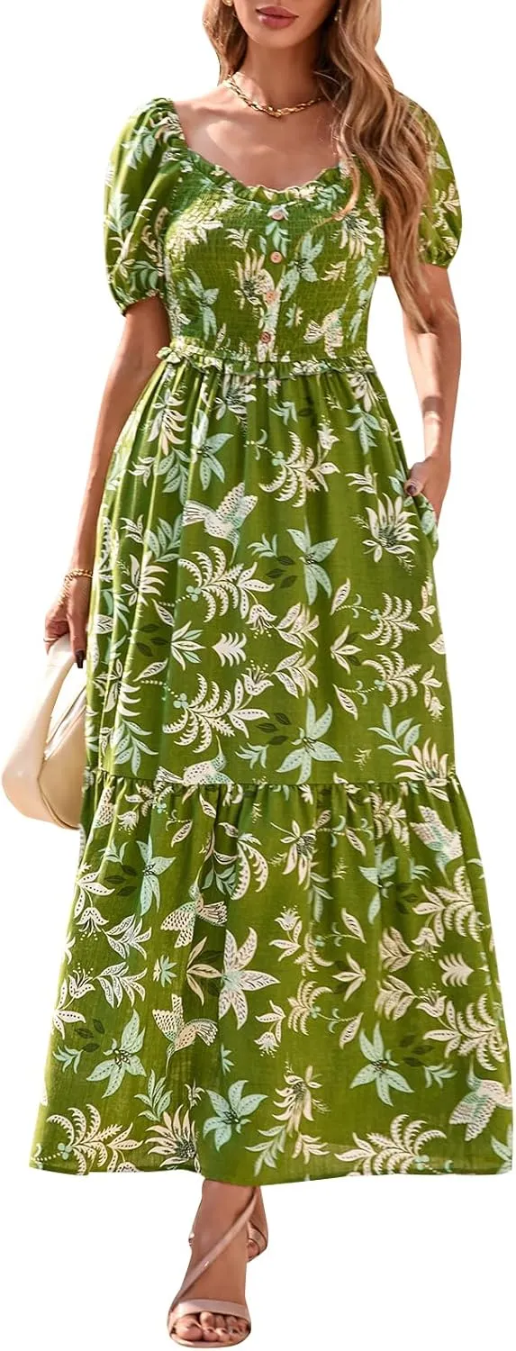 PRETTYGARDEN Womens Summer Dresses 2025 Casual Boho Floral Puff Short Sleeve Flowy Maxi Dress Smocked V Neck Sun Dresses