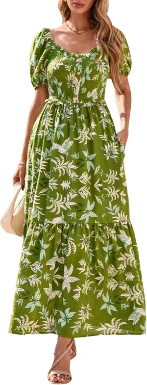 PRETTYGARDEN Womens Summer Dresses 2025 Casual Boho Floral Puff Short Sleeve Flowy Maxi Dress Smocked V Neck Sun Dresses