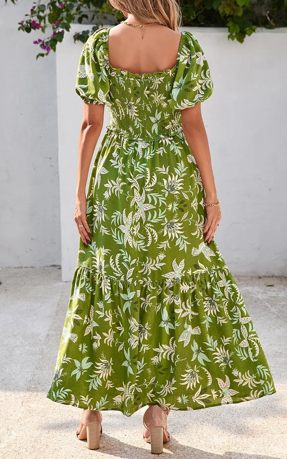 PRETTYGARDEN Womens Summer Dresses 2025 Casual Boho Floral Puff Short Sleeve Flowy Maxi Dress Smocked V Neck Sun Dresses