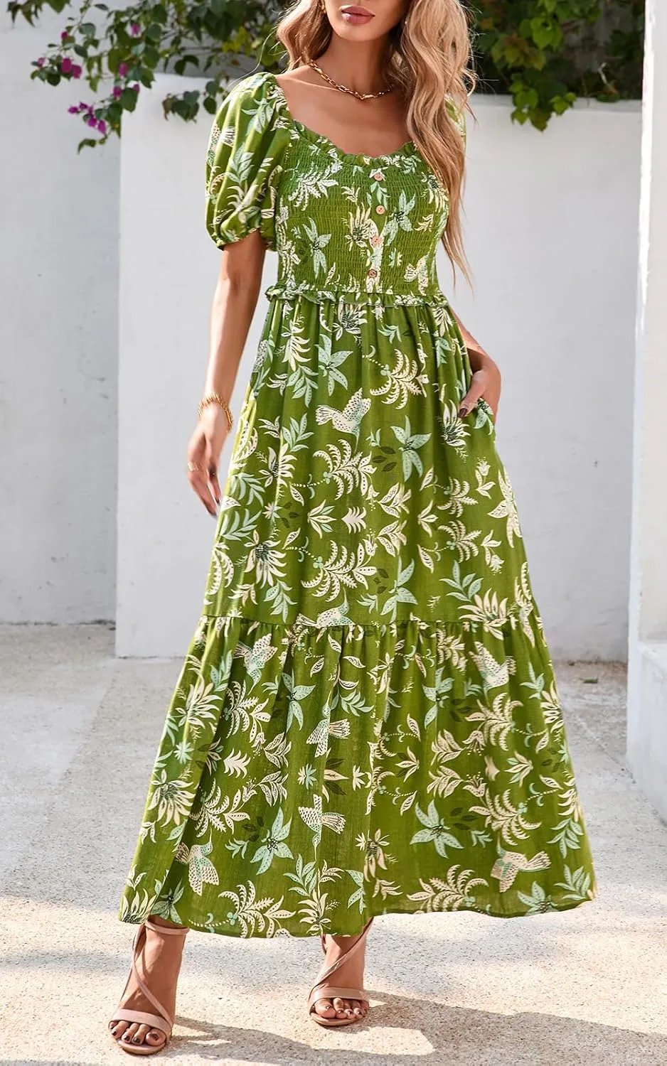 PRETTYGARDEN Womens Summer Dresses 2025 Casual Boho Floral Puff Short Sleeve Flowy Maxi Dress Smocked V Neck Sun Dresses