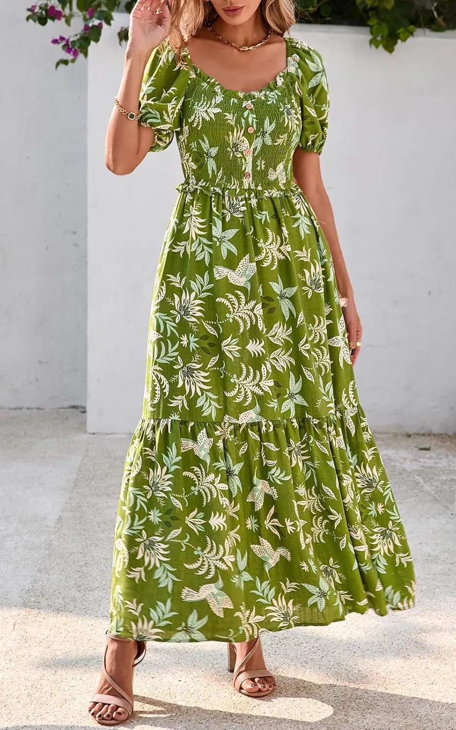 PRETTYGARDEN Womens Summer Dresses 2025 Casual Boho Floral Puff Short Sleeve Flowy Maxi Dress Smocked V Neck Sun Dresses